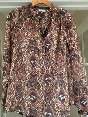 Paisley Button-Front Boho Blouse in Brown & Cream by Tasha Polizzi